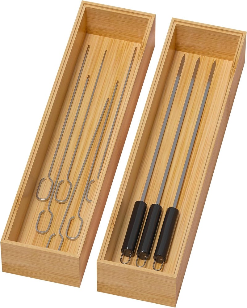 Lixple Bamboo Drawer Organizer, Narrow Stackable Cutlery Tray for Kitchen, 2 Pcs Silverware & Utensil Box, 12" x 3" x 2" (Outer), 11.3" x 2.3" x 1.77" (Inner) - Image 1